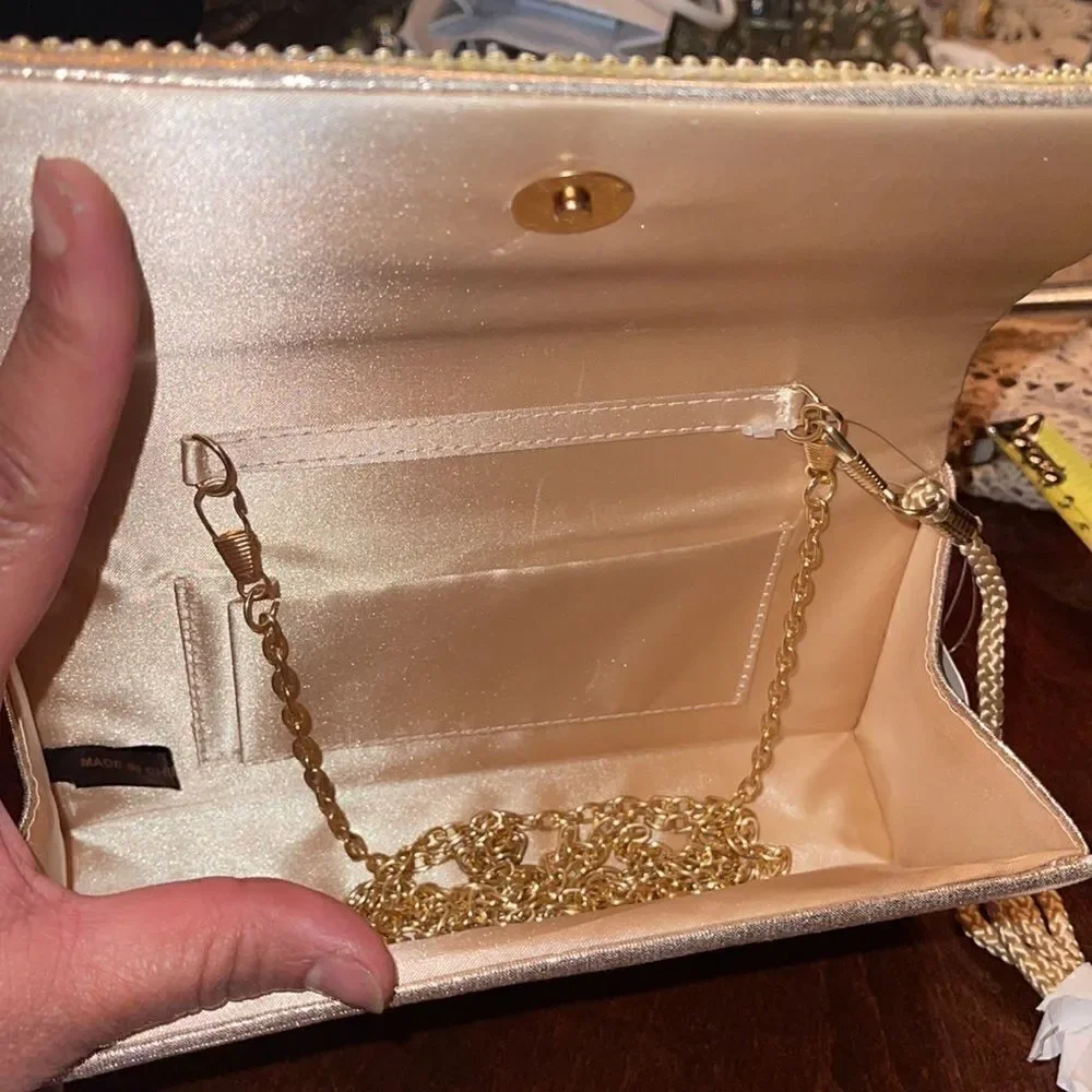 Lily Waters gold tone fabric rectangle shaped clutch